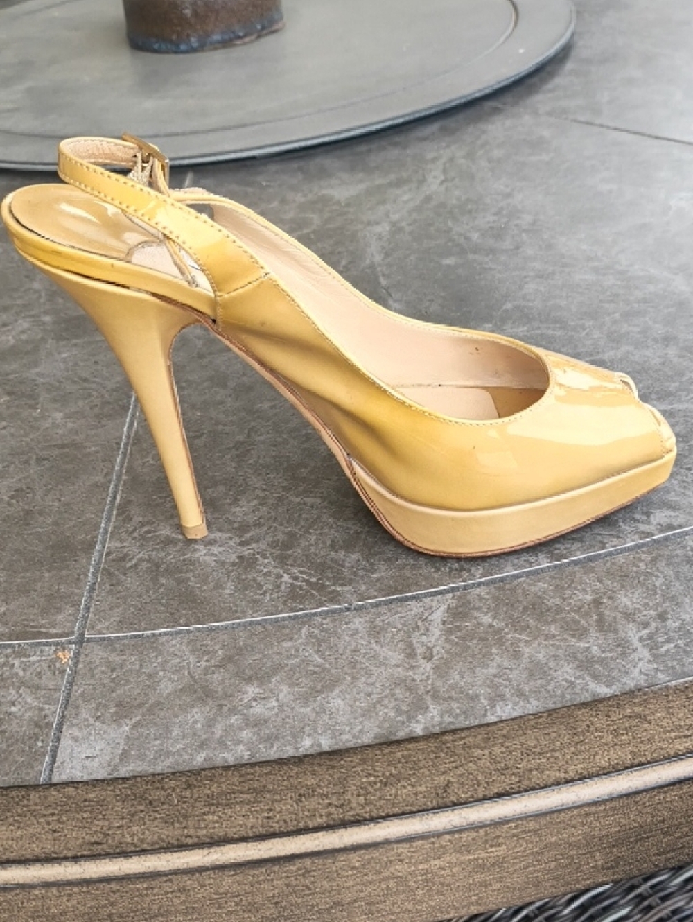 Jimmy Choo Yellow Patent Leather Peep-Toe Slingback Heels - Picture 4 of 6